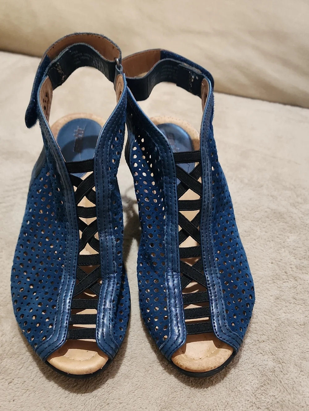 Earth Blue Perforated Suede Peep-Toe Sandals with Ankle Strap.